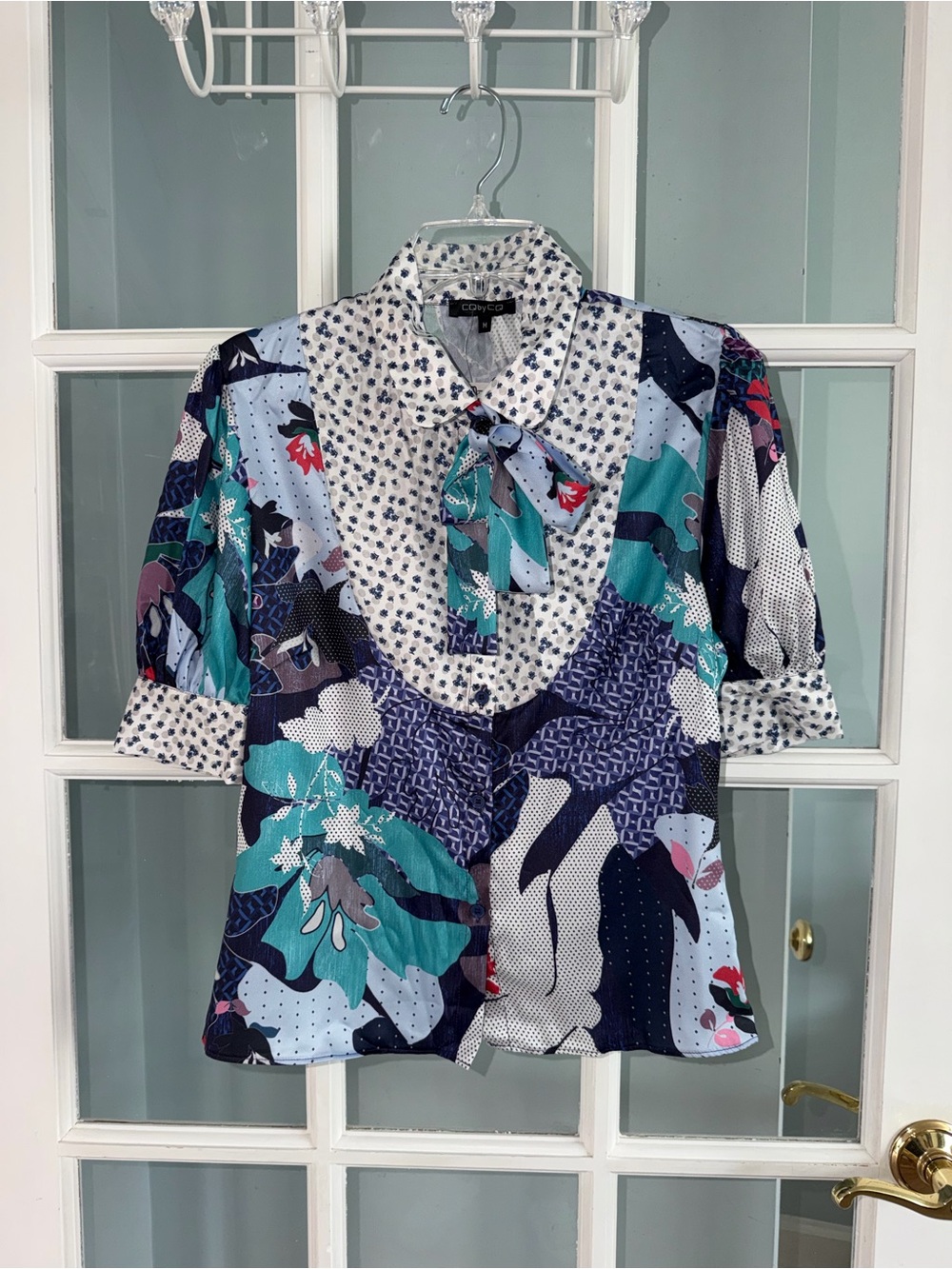 CQ by CQ Colorful Top Women Medium Artsy Pattern Puff Sleeves Green Blue quirky